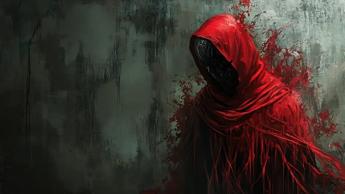 Hooded shadow in red cloak bleeds into a decayed wall