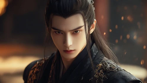 Smoldering gaze of a dark-robed fantasy warrior prince.