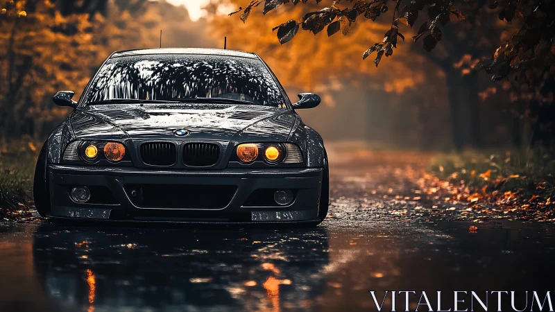 Low-slung black BMW sedan framed by wet autumn avenue