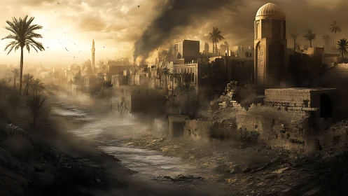 Ruined desert riverside city under smoke and dust haze.