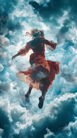 Surreal woman in red dress ascending through bright clouds.