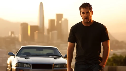 Sunlit urban portrait with sports car at golden hour skyline.