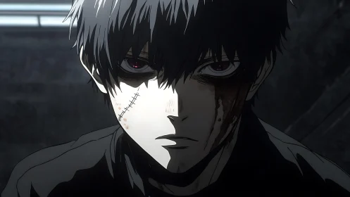 Brooding stitched antihero glares through stark shadow and light