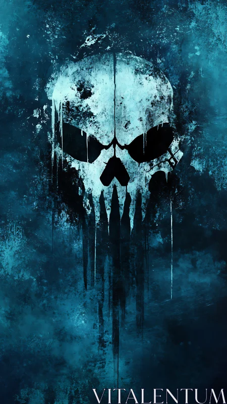 Dripping white skull emblem on textured blue background.