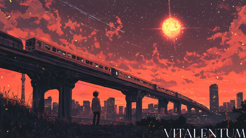 Elevated metro train under apocalyptic red sky and burning sun