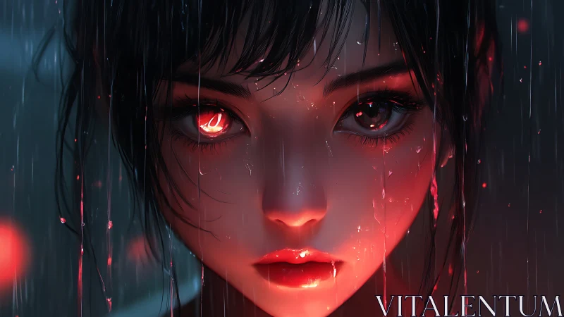 Wet-haired girl with glowing red eye in night rain.