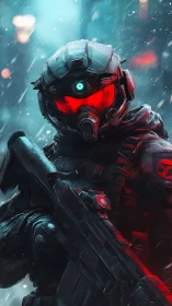 Cyberpunk tactical soldier portrait in dynamic neon storm lighting.