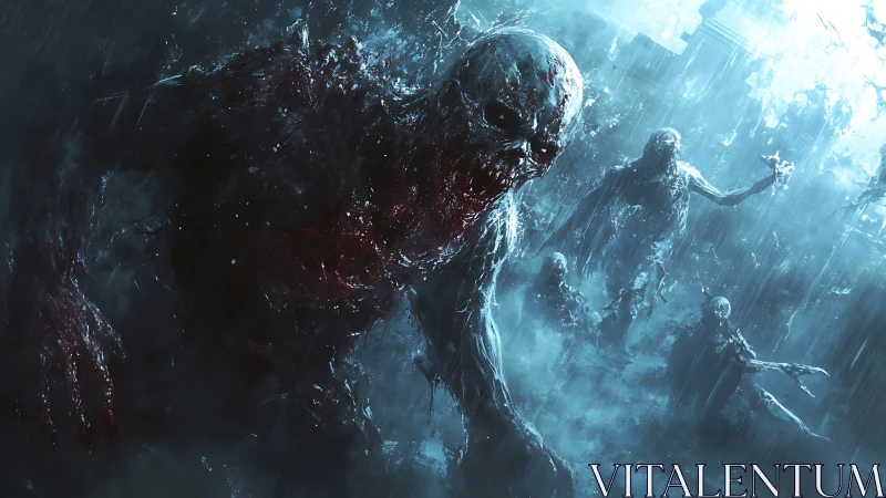 Haunting rain-soaked creatures emerging from eerie shadows.