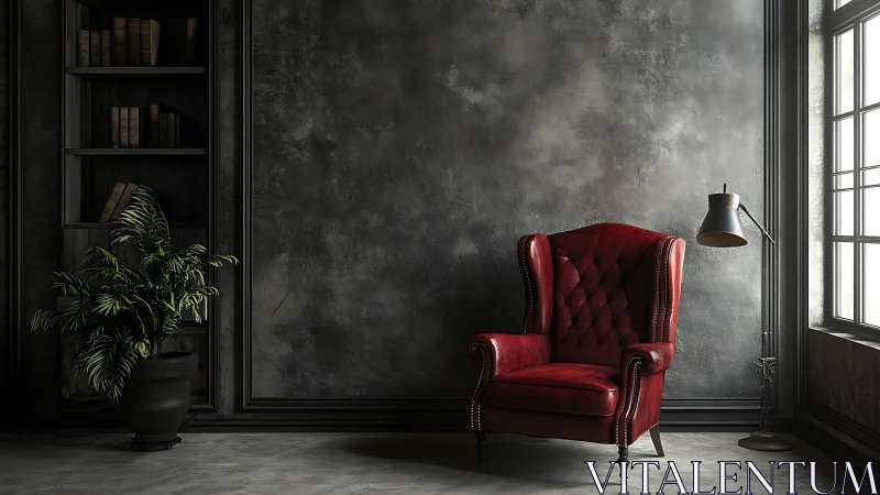 Red leather armchair glows against moody gray loft wall.