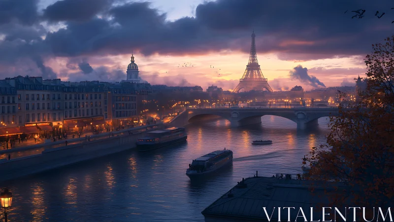 Sunset view of Paris riverfront with Eiffel Tower skyline.