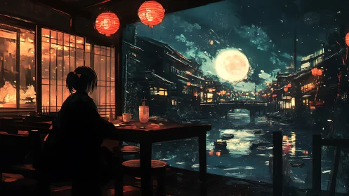 Solitary diner gazes over neon canal beneath a glowing moon