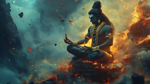 Mythic blue figure meditating amid volcanic fire and smoke.