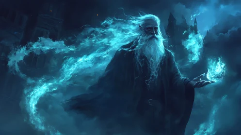 Storm-lit elder mage wielding cascading blue flame spell.