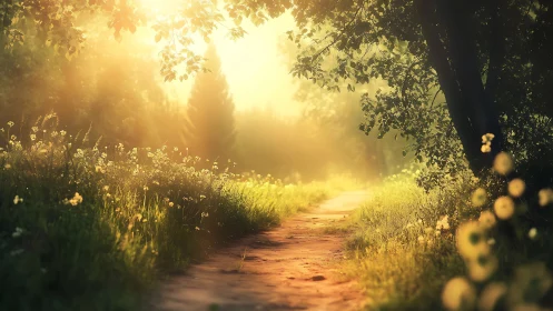 Sunlit Forest Path with Wildflowers in Dreamy Morning Light.