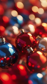 Festive red and blue ornaments glowing with cozy cheer.