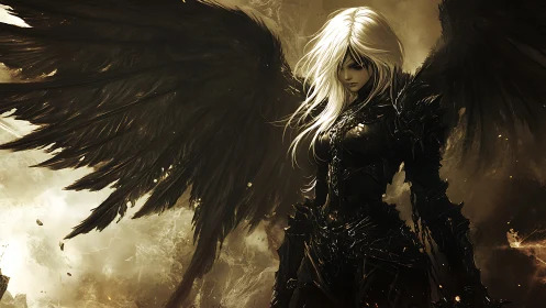 Dark armored angel with black wings stands in smoky light