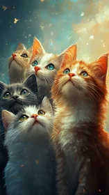 Luminous Quartet: Digital Portrait of Ethereal Felines.