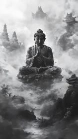 Serene Buddha statue levitates above misty mountain temples.