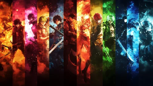 Elemental anime warriors stand aligned in blazing chromatic fire