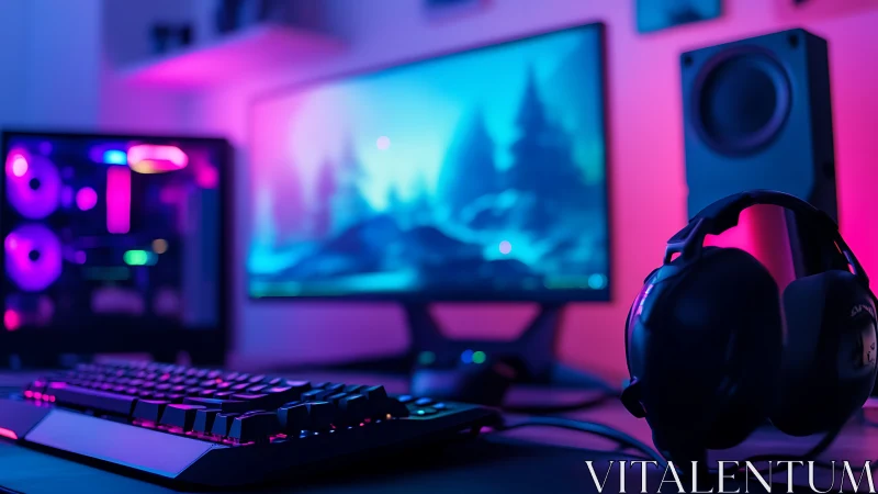 Cozy neon gaming desk glowing with colorful night energy.