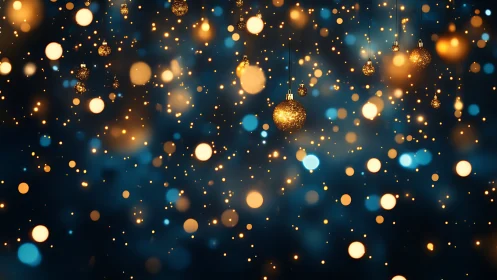 Golden holiday baubles amid glowing bokeh lights background.
