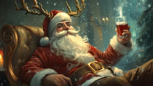 Relaxed Santa savors a steaming holiday drink by candlelight