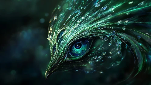 Crystal-feathered phoenix eye glows within deep emerald dusk