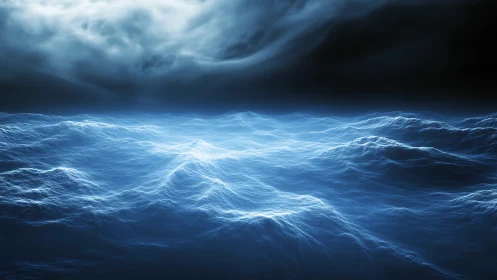 Luminous blue ocean waves under dense overcast sky.