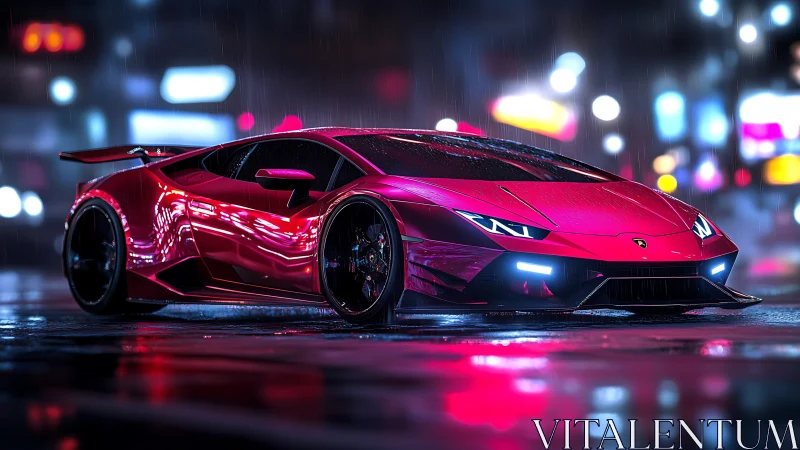 Neon-soaked supercar under rain in futuristic cityscape.