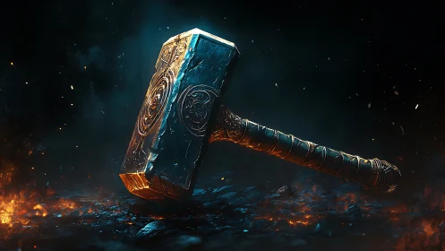 Stormforged warhammer resting in emberlit cosmic dusk.