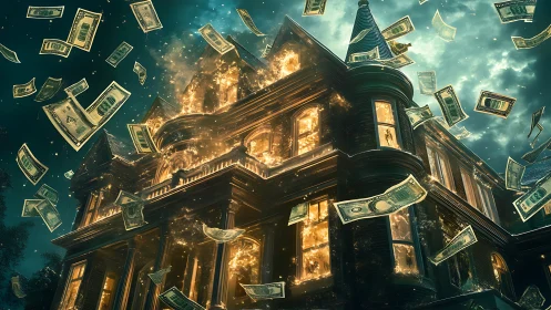 Grand mansion engulfed in fire with money floating around.