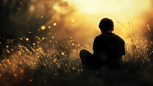 Backlit child silhouette in golden hour field with shallow depth
