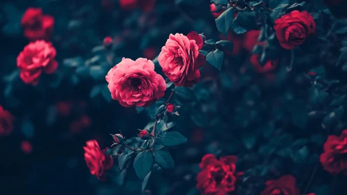 Chromatic depth layering: Saturated rose specimens against tonal atmospheric recession