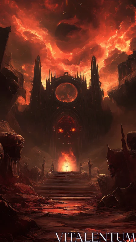 Infernal fortress with lone figure before fiery demonic gate.