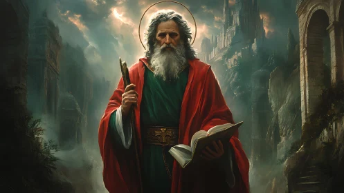 Elderly sage reads scripture amid misty ruined citadel