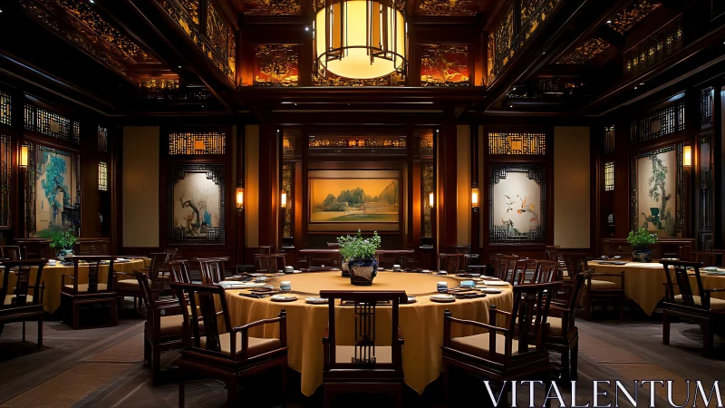 Luxurious Chinese dining hall with warm lantern lighting.