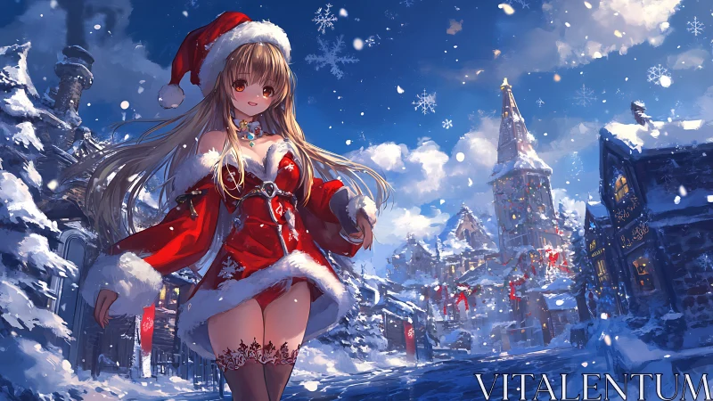 Snowy town stroll with a sparkling anime Christmas muse.