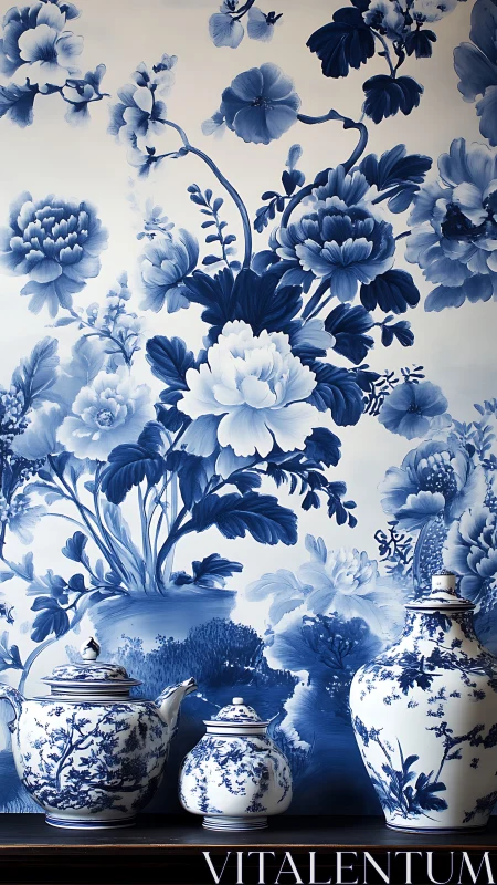 Porcelain blues bloom across teapot trio and floral wallscape.