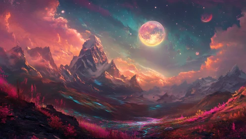 Mountainous alien landscape displays dual moons at twilight