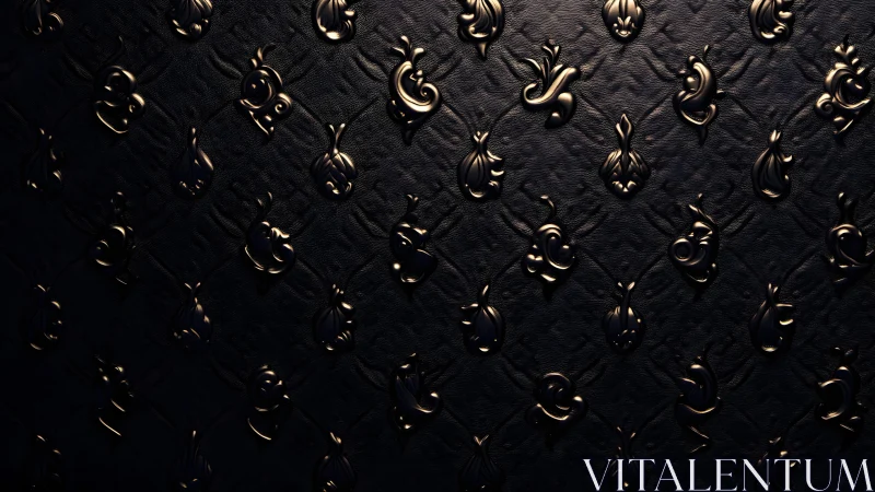 Elegant black leather wall with gold embossed baroque pattern.