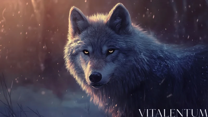 Gentle winter wolf bathed in soft twilight forest glow.