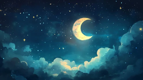 Gentle crescent moon glowing softly in a dreamy night sky.