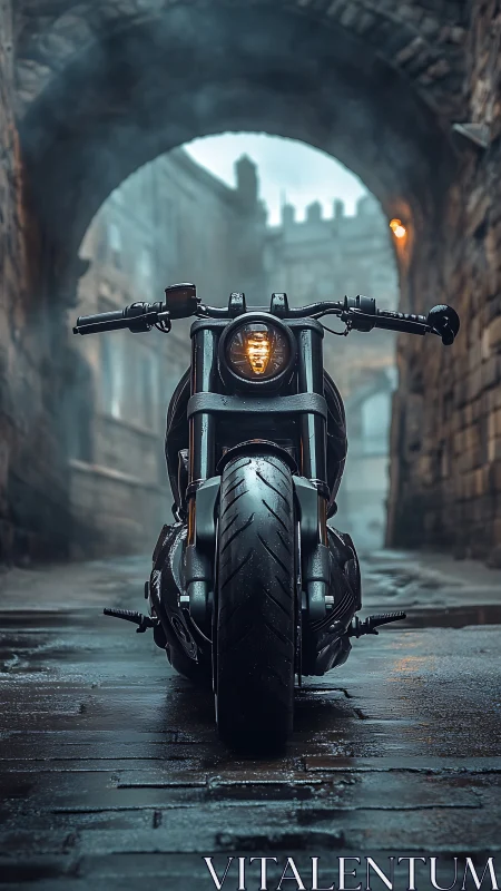 Midnight street sentinel motorcycle under rainwashed archways.