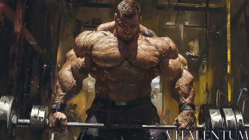 Colossal bodybuilder straining with barbell in gritty gym.