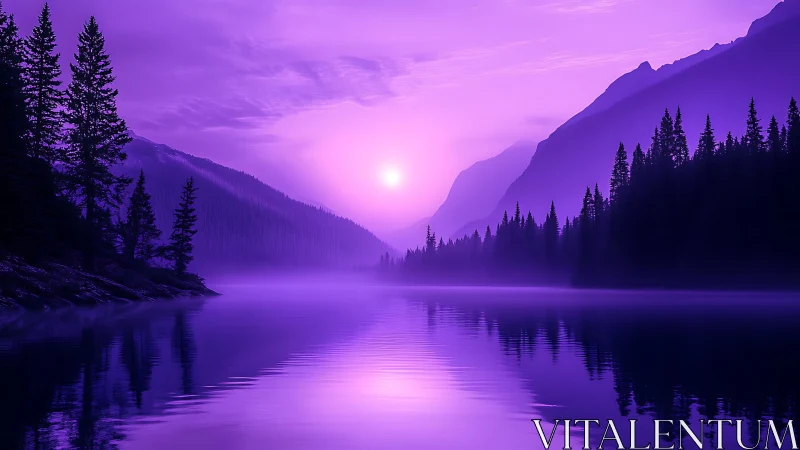 Dreamy violet mountain lake glowing in gentle evening light.
