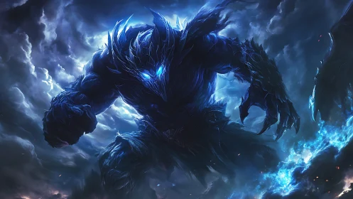 Titanic blue storm entity emerging from turbulent clouds.