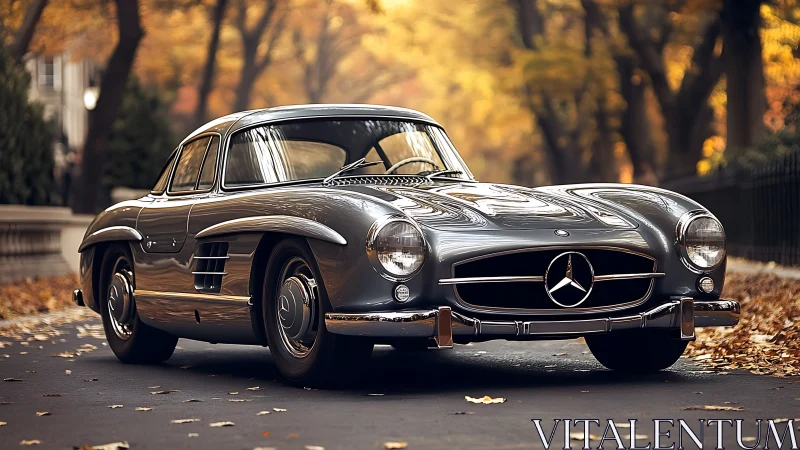 Silver gullwing legend glides through an amber autumn hush