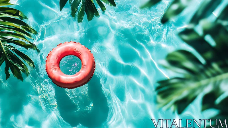 Bright red pool float ring in clear turquoise water.