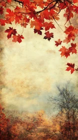 Autumn maple leaves over textured sky and forest scene.