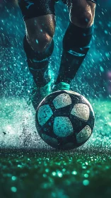 Soccer player controlling wet ball on rain soaked field.